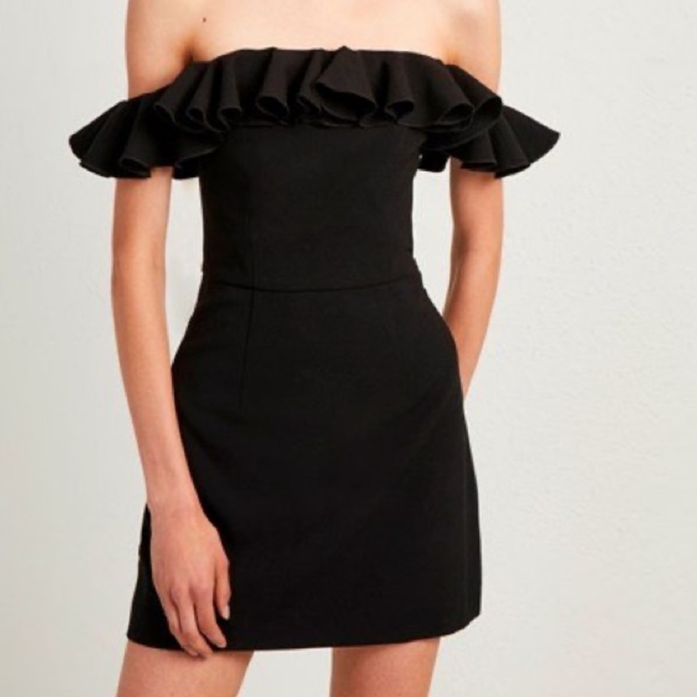 FRENCH CONNECTION Whisper Light Ruffled Off-the-Shoulder Black Dress XL